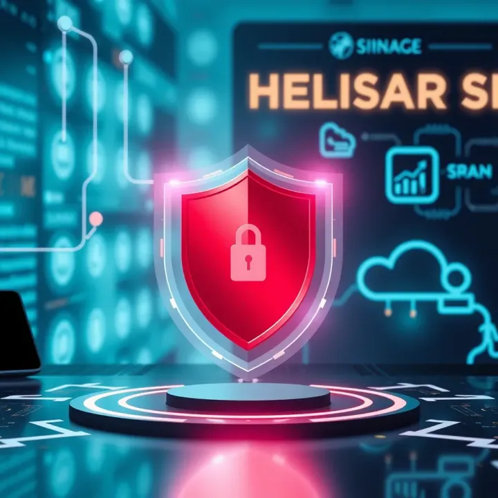 Illustration of a digital shield protecting business icons representing technology and compliance