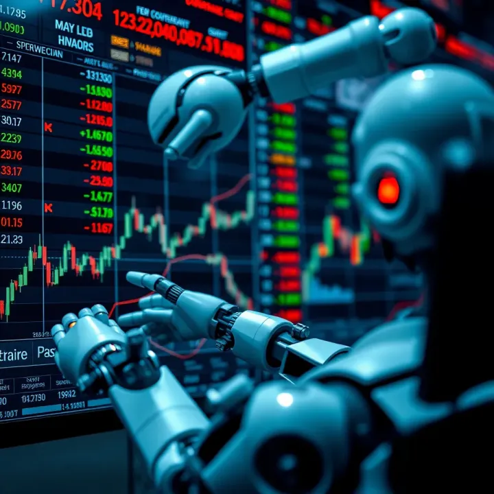 Conceptual illustration of forex robot software executing trades on a digital currency market interface