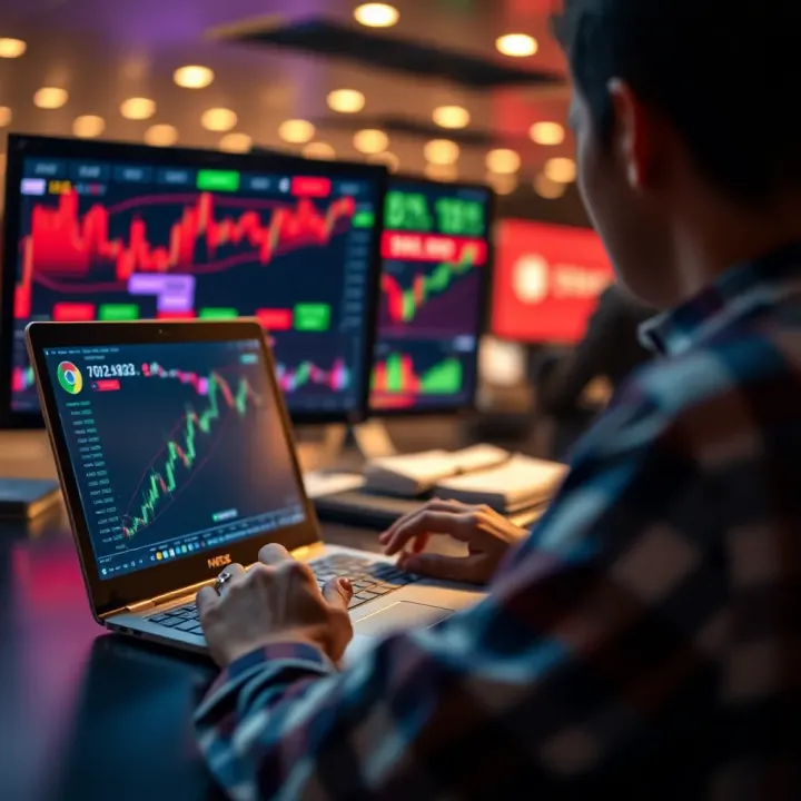 Learning Forex Strategies Through Video Tutorials Person watching educational forex video on laptop with currency symbols and graphs on screen